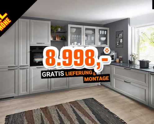 nobilia®-Winkelküche im Landhausstil mit Rahmenfronten in Lacklaminat, Steingrau / Korpus in Steingrau / Slim-Line-Xtra-Arbeitsplatte in Grauschiefer Nachbildung