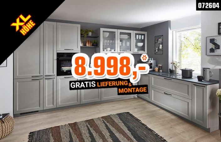 nobilia®-Winkelküche im Landhausstil mit Rahmenfronten in Lacklaminat, Steingrau / Korpus in Steingrau / Slim-Line-Xtra-Arbeitsplatte in Grauschiefer Nachbildung