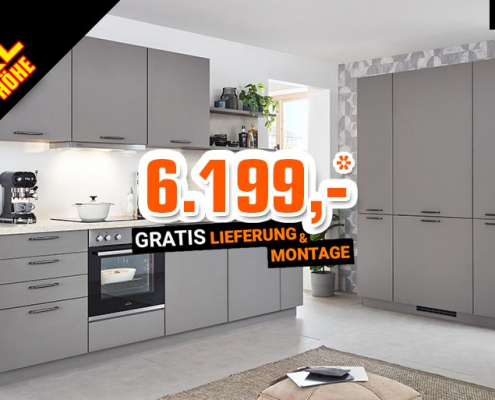 Moderne Küchenkombination mit Fronten inTaupegrau / Arbeitsplatte in Terrazzo Weiß Nachbildung