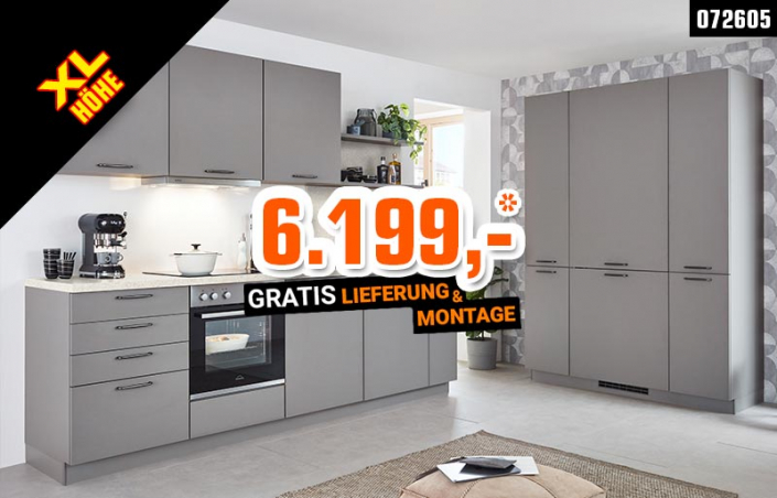 Moderne Küchenkombination mit Fronten inTaupegrau / Arbeitsplatte in Terrazzo Weiß Nachbildung
