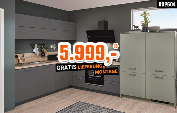 Moderne nobilia®-Winkelküche mit Fronten in Lack, Schiefergrau Premium matt und Lack, Olive Premium matt / Arbeitsplatte und Nischenverkleidung in Eiche Como Nachbildung / ohne Tisch und Stühle