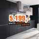 Grifflose nobilia®-Küchenzeile mit Fronten und Arbeitsplatte in Eiche Nero Nachbildung / Arbeitsplatte in Schwarz strukturiert / Wandschränke in Seidengrau / Nischenverkleidung in Dekor Chess